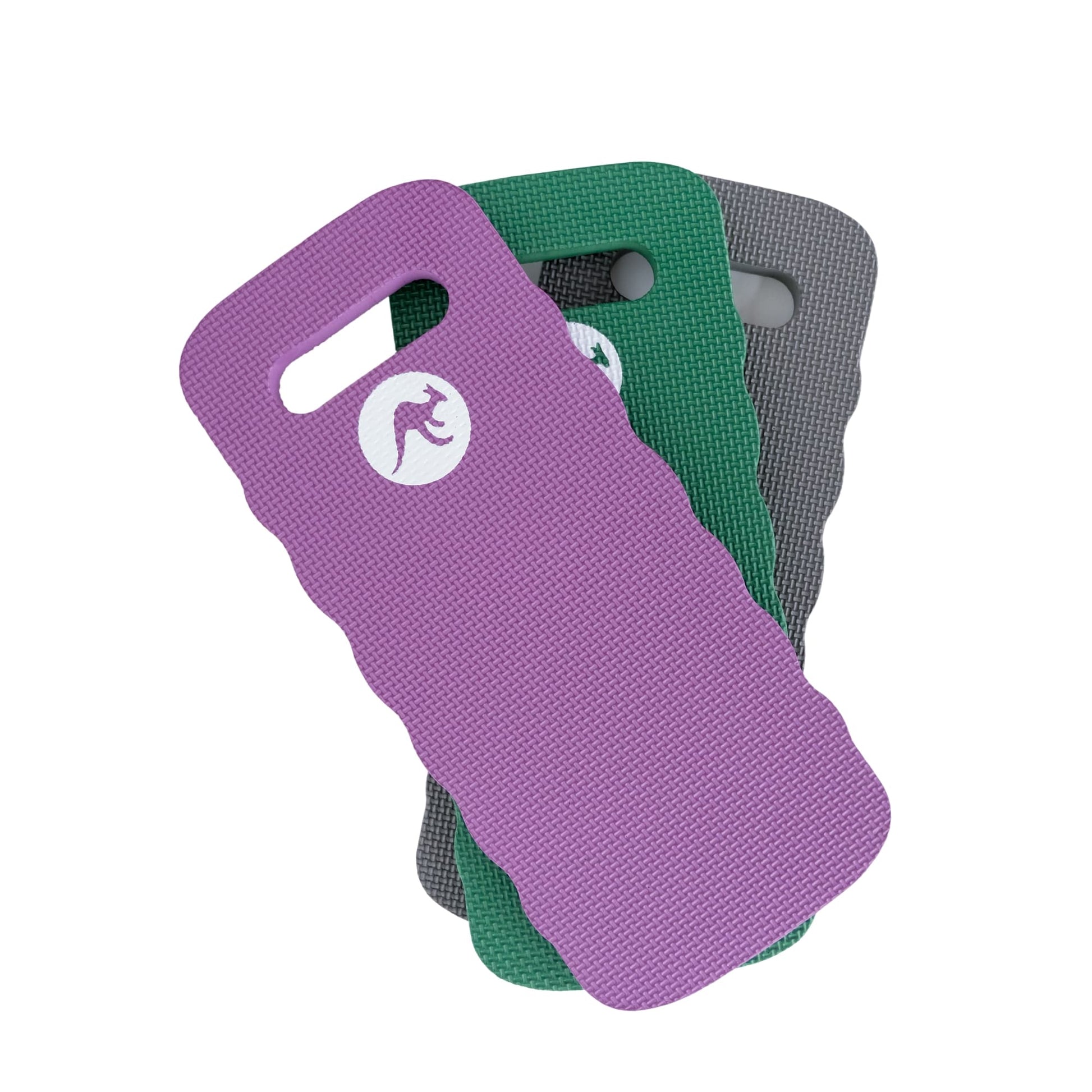 Three textured foam gardening kneeling pads in purple, green, and gray with roo logo on a white background.