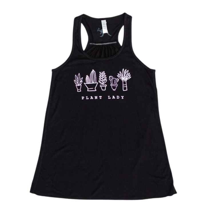 black and white gardening tank with plants printed on front