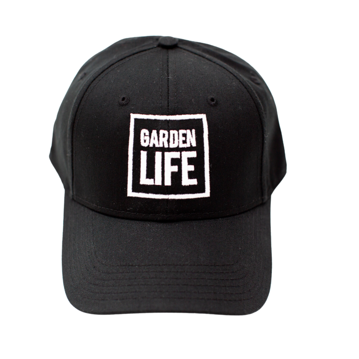 black and white hat for gardening with garden life text