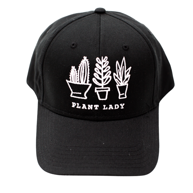 black and white garden hat with embriodered plants